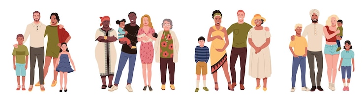 Vector familia multinacional mezcla de grupos étnicos personas felices con abuelos e hijos elementos de ropa nacional relaciones y concepto de paternidad dibujo animado conjunto vectorial plano y ordenado