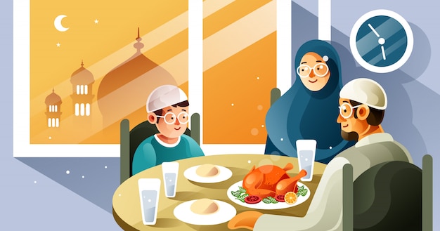 Vector familia musulmana disfruta de la comida de iftar en ramadán