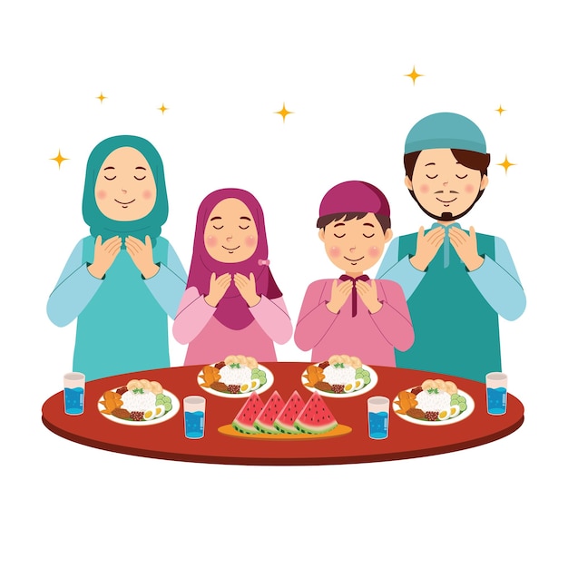 Familia musulmana feliz haciendo Iftar en el Ramadán