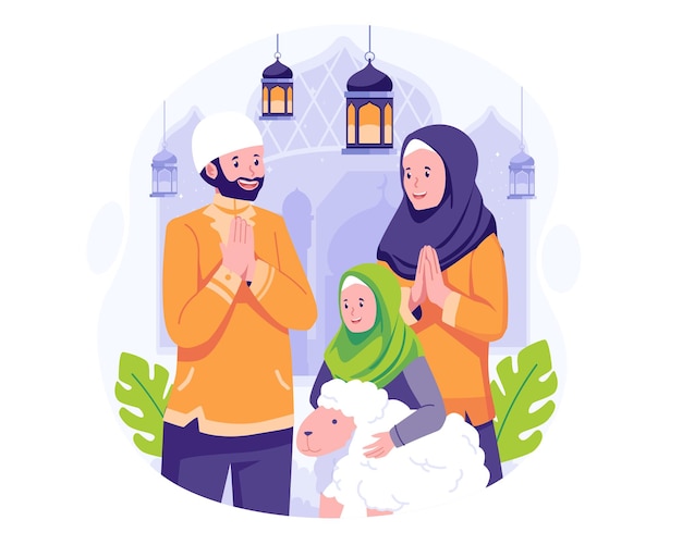 Familia Musulmana Feliz Saludo Eid Al Adha Mubarak Sacrificio Islámico Tradición Ilustración