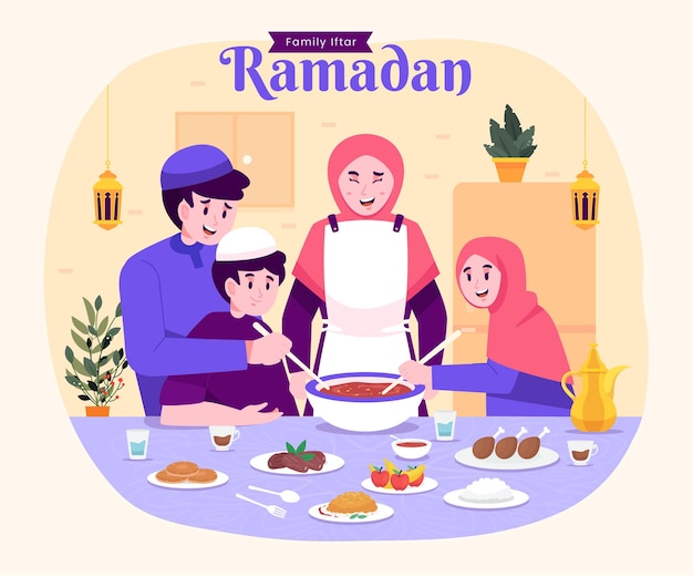 Vector familia musulmana iftar disfrutando de ramadan kareem mubarak juntos