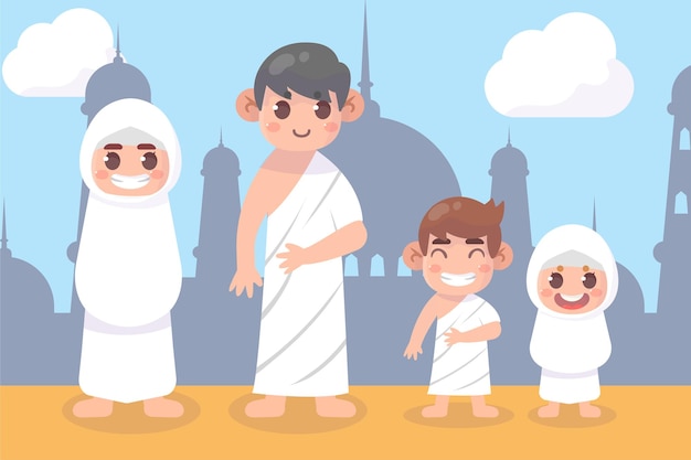 familia musulmana con ihram Vector Premium