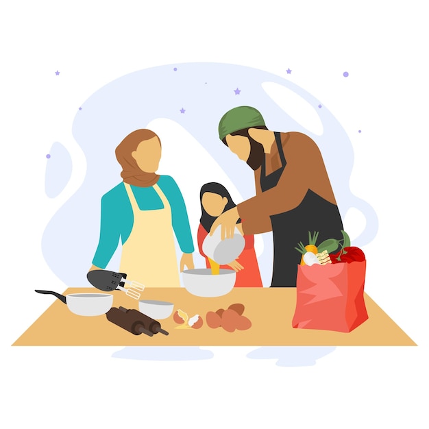 Familia musulmana Preparando la comida Iftar juntos en casa concepto Suhoor mañana Diseño vectorial de alimentos