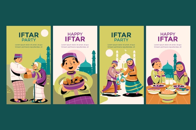 Vector familia musulmana que tiene una fiesta de iftar juntos diseño de historias de redes sociales
