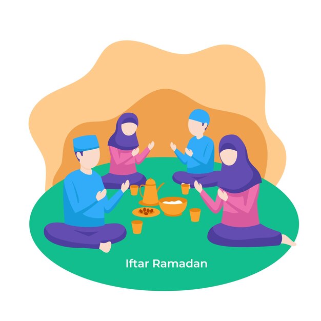 Familia musulmana rezando juntos durante el descanso de ifta ayuno ilustración plana Islam actividad de ramadán