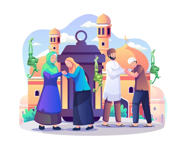 La familia musulmana se saluda y la tradición se disculpa mientras Eid Al Fitr Mubarak ilustra