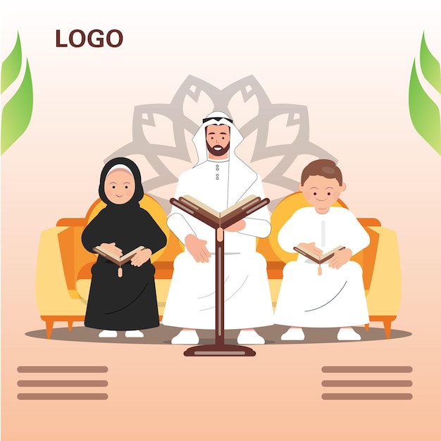 Familia musulmana sentada leyendo el Corán Vector Illustrator Premium