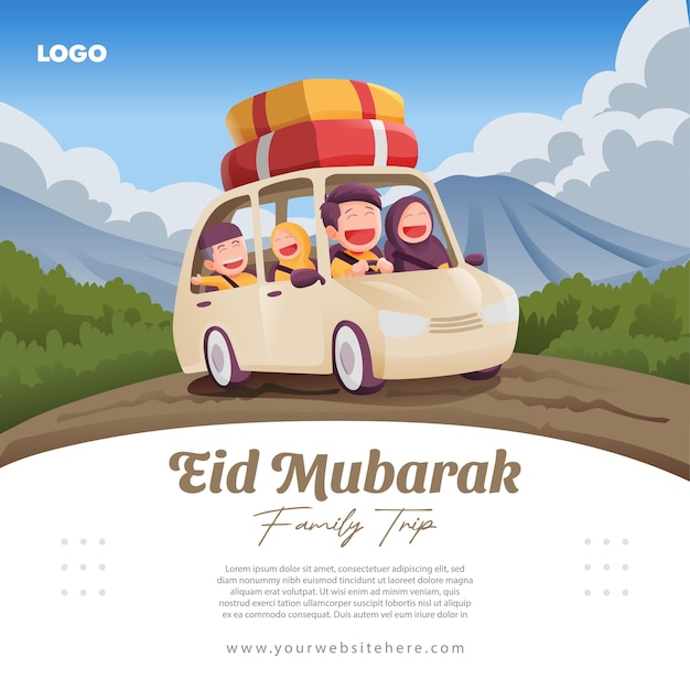 Familia musulmana en viaje en automóvil a la ciudad natal durante eid mubarak plantilla de publicación en redes sociales