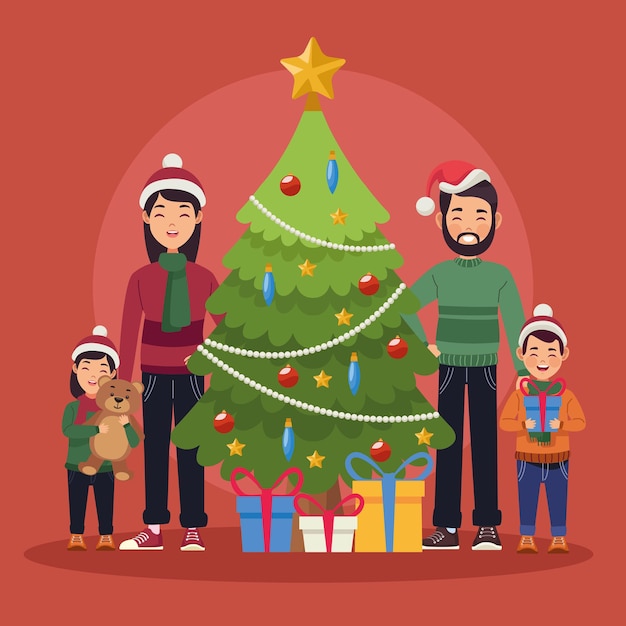 Vector familia de navidad y pino