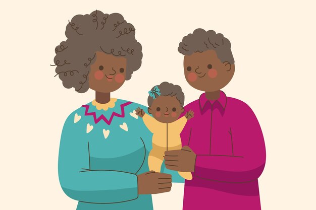 Familia negra dibujada a mano plana con una ilustración de bebé