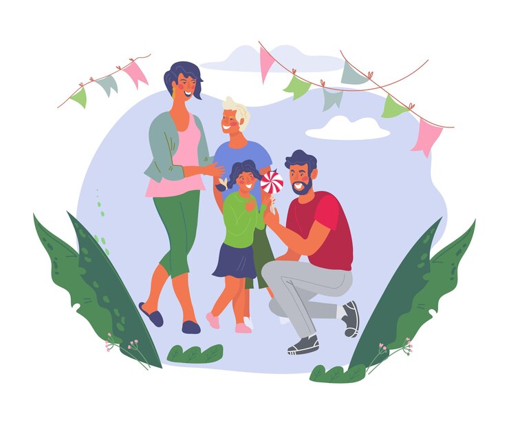 Vector familia con niños caminando en el parque de atracciones y comprando dulces vacaciones de verano entretenimiento y ocio festival callejero o concepto de feria de fin de semana ilustración vectorial plana aislada