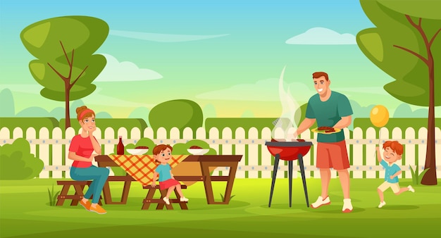 Familia con niños haciendo una barbacoa al aire libre en el patio trasero. hombre asando carne, padres e hijos haciendo ilustración de vector de picnic de barbacoa de verano