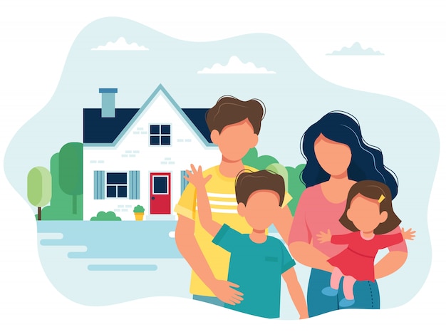 Familia con niños y una linda casa.