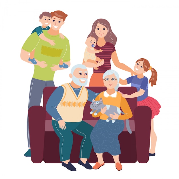 Familia con niños sentados en el sofá. Gran retrato de familia. Vector de personas. Madre y padre con bebés, niños y abuelos ilustración vectorial.