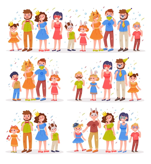Familia con niños vistiendo fiesta de cumpleaños estante de fotos accesorios de pie y sonriendo conjunto vectorial
