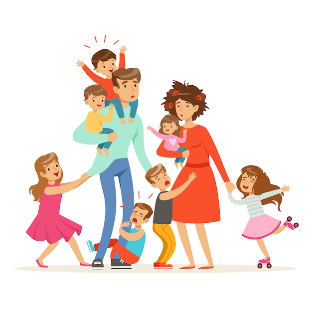 Vector familia numerosa con muchos hijos. niños, bebés y sus padres cansados ilustración