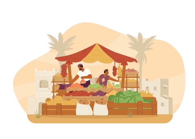 Familia de Oriente Medio padre e hijo vendiendo frutas y verduras en un bazar