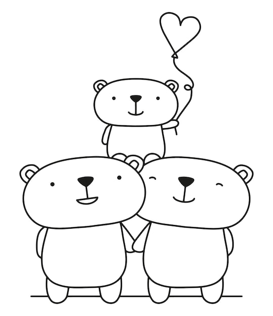 Familia de osos con ilustración de vector de globo de corazón