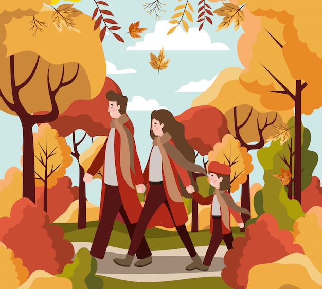 Vector familia en otoño de fondo