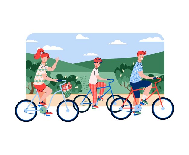 Vector familia de padres e hijo montando bicicleta contra el telón de fondo de la pradera de verano, caricatura plana