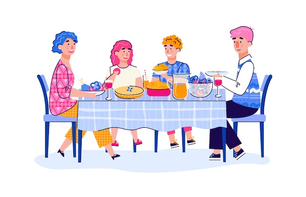 Familia de padres e hijos adolescentes almorzando dibujos animados