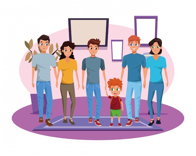 Vector familia padres jóvenes con dibujos animados de niños