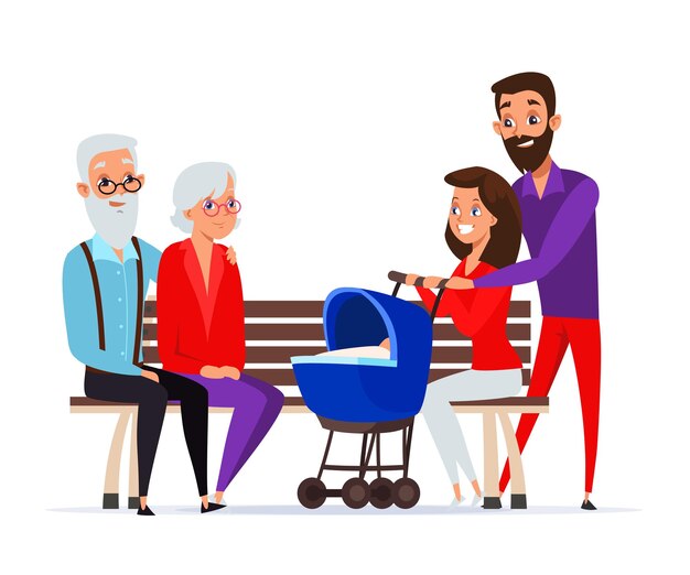 La familia pasa tiempo juntos padres felices abuelo y abuela Alegres parejas jóvenes y viejas sentadas en un banco con el bebé