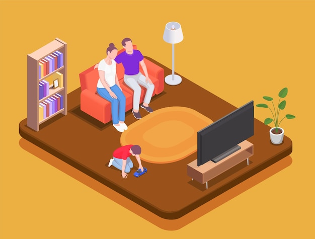Familia pasando tiempo en casa ilustración isométrica