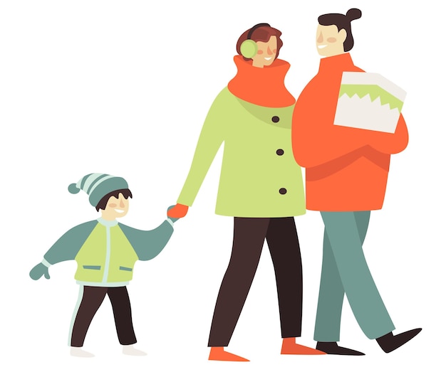 Familia paseando en invierno, madre y padre caminando con niños con ropa de abrigo. hombre y mujer enamorados de kiddo, padres e hijos hablando al aire libre. recreación, vector en estilo plano