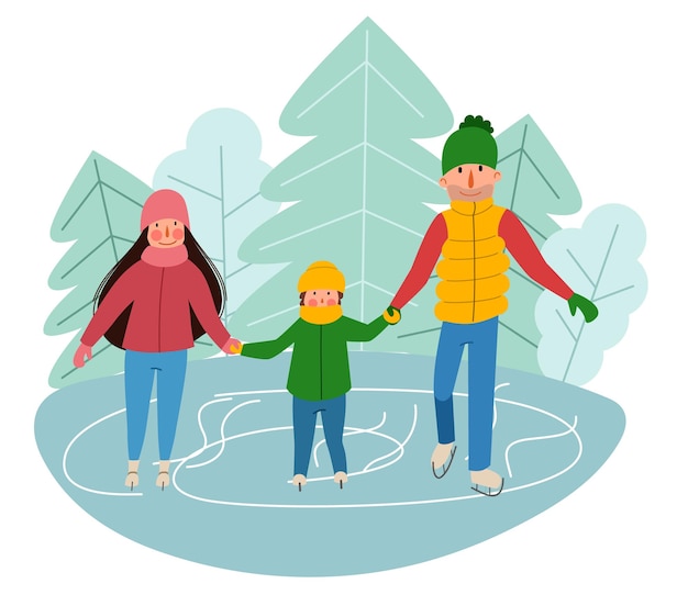 Una familia patina sobre el hielo con el telón de fondo de la ciudad. Deportes de invierno.