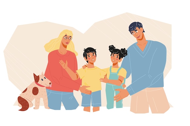 Familia con perro feliz sonriendo personajes planos vector ilustración aislada