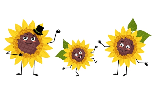 Familia de personaje de girasol con emociones felices sonrisa cara ojos felices brazos y piernas mamá es feliz papá lleva sombrero y niño con pose de baile vector ilustración plana