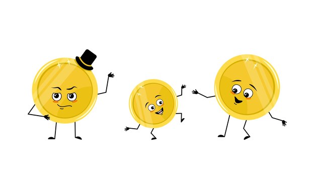 Familia de personaje de moneda de oro con emociones felices y poses sonrisa cara ojos felices brazos y piernas mamá es feliz papá lleva sombrero y niño con pose de baile vector ilustración plana