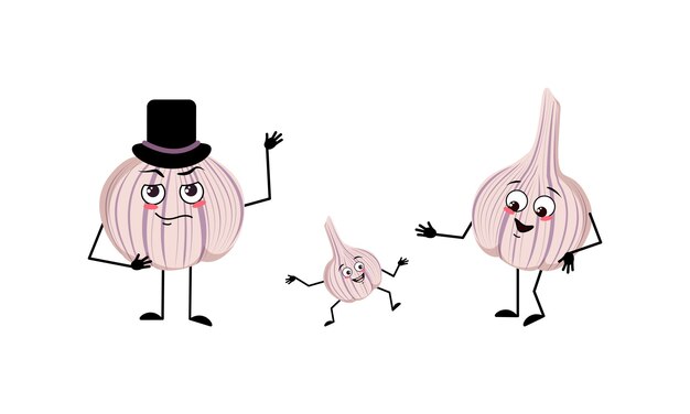 Familia de personajes de ajo lindo con emociones alegres sonrisa cara ojos felices brazos y piernas mamá está feliz ...