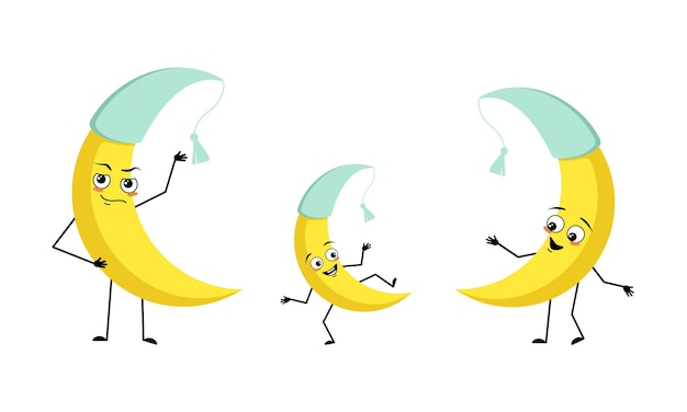 Familia de personajes lunares en gorra de dormir con emociones felices y poses sonrisa cara ojos felices brazos y piernas Mamá es feliz papá lleva sombrero y niño con pose de baile Vector ilustración plana
