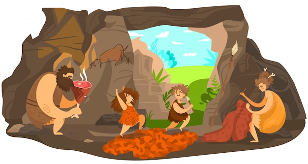 Familia de personas prehistóricas, niños primitivos felices jugando, padres de la edad de piedra viven en una cueva, ilustración