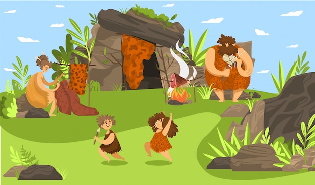 Vector familia de personas primitivas, niños prehistóricos felices jugando, padres de edad de piedra usando herramientas, ilustración