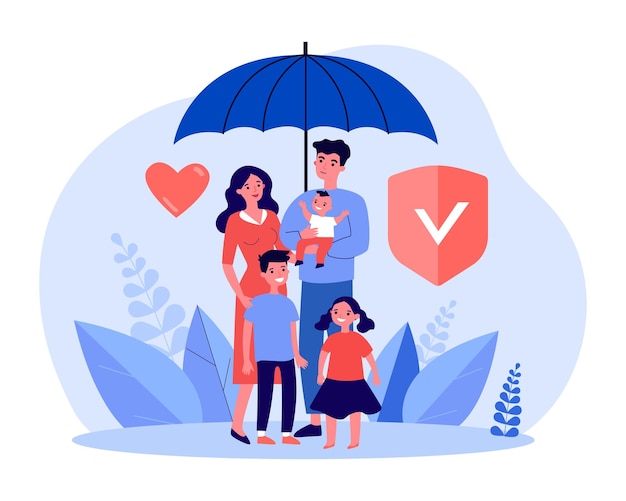 Familia de pie juntos bajo el paraguas del seguro. Protección de escudo para padres e hijos ilustración vectorial plana. Concepto de seguro de vida y salud para banner, diseño de sitio web o página web de destino