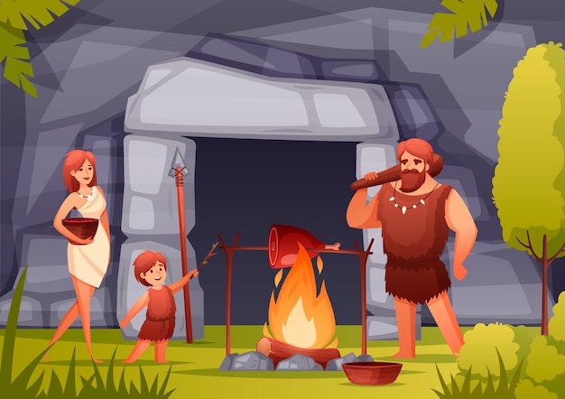 Vector familia prehistórica de la edad de piedra cocinando carne sobre fuego abierto frente a la entrada de la cueva ilustración de composición plana