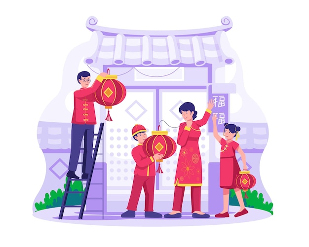 Vector la familia se prepara para el año nuevo chino y decora el templo con ilustraciones de farolillos