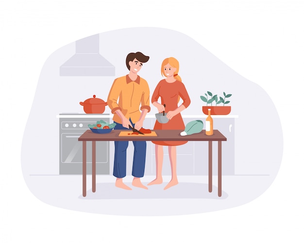 Vector familia prepara la cena juntos en la mesa de la cocina. padres sonriendo mientras cocina en la cocina en casa. hombre y mujer personaje de dibujos animados haciendo el almuerzo.