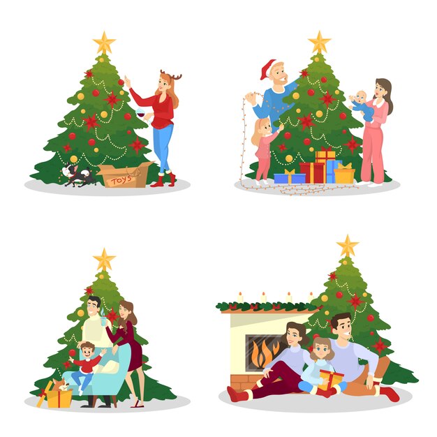 Familia que adorna el árbol de navidad para la celebración. Decoración tradicional de fiesta. Gente feliz con regalos. Ilustración en estilo de dibujos animados