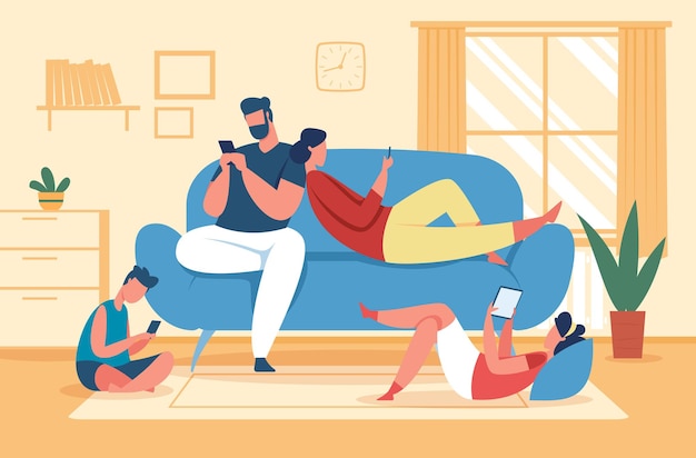 Familia que usa teléfonos inteligentes y tabletas, padres e hijos con teléfonos. Adicción a las redes sociales, los niños usan gadgets en la ilustración de vector de casa. Padre, madre e hijos con dispositivos