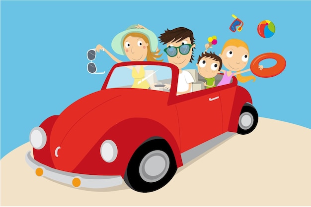 Familia que viaja en coche a la playa en vacaciones de verano