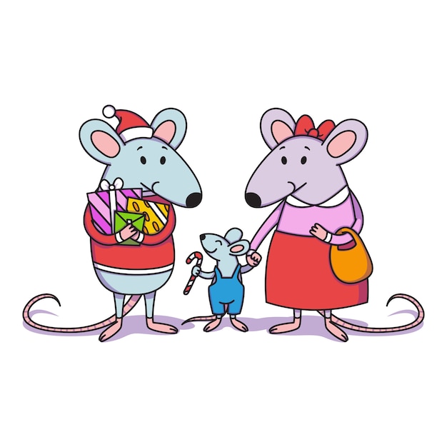 Vector familia de ratas navideñas. papá con regalos, mamá sostiene a un niño de la mano, un niño pequeño con bastón de caramelo. feliz año nuevo chino ratones.