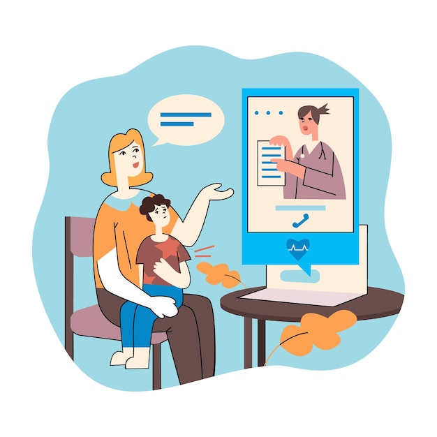 Familia recibiendo consulta médica en línea en una computadora portátil Médico que brinda un servicio de atención médica moderno mediante videollamadas Comunicación a distancia con el terapeuta Vector