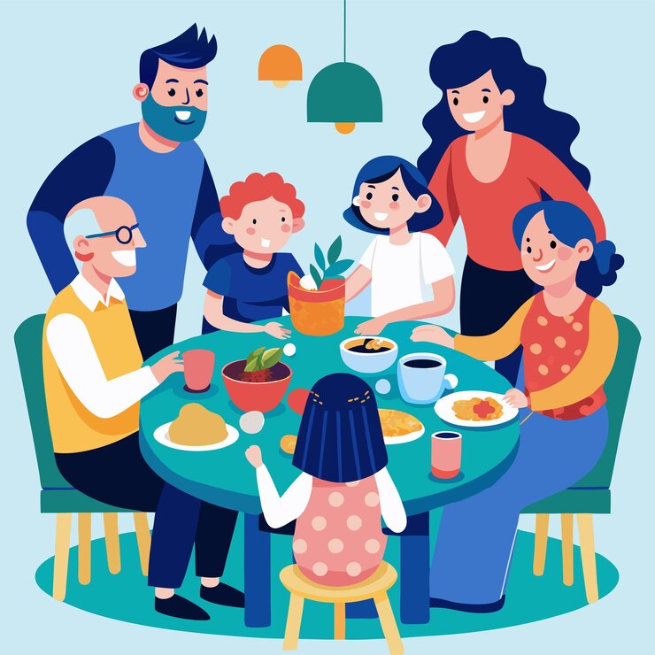 Vector una familia se reúne alrededor de una mesa con una planta en olla en ella