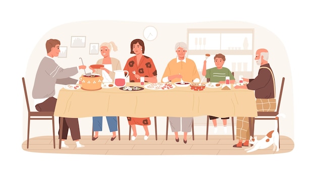 Familia rusa tradicional comiendo platos sentados en la mesa juntos vector ilustración plana. Parientes felices hablando durante la cena festiva en casa aislados en blanco. Gente sonriente en la comida navideña.