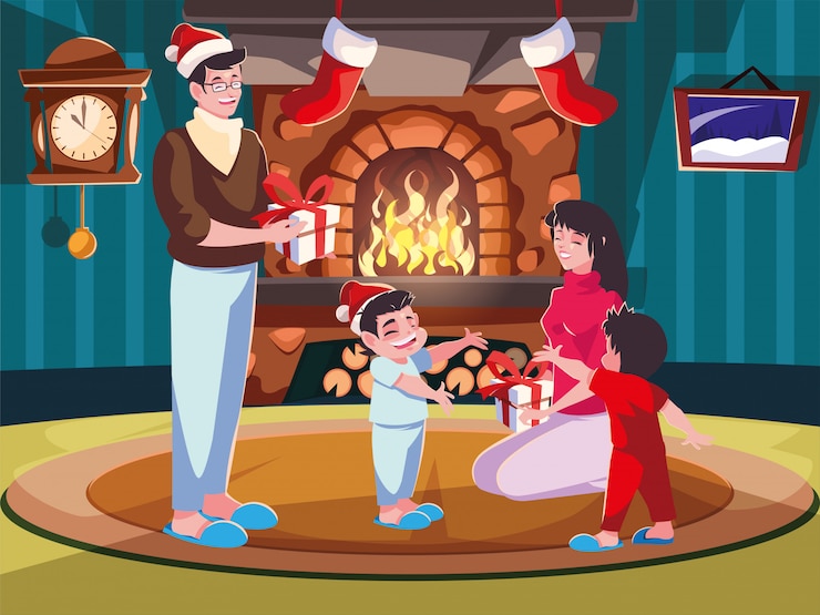 Vector familia en la sala de estar con decoración navideña, escena de la noche de navidad