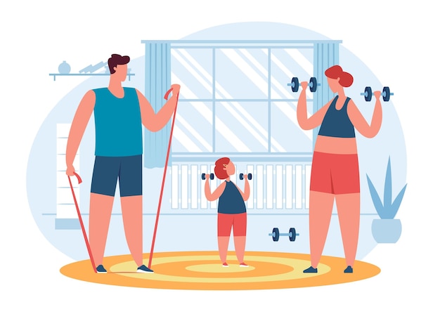 Familia sana y activa, padres e hijos haciendo ejercicio juntos en casa. Padre con niño haciendo actividad deportiva, ilustración vectorial de entrenamiento matutino